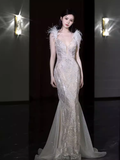 Sexy Mermaid Straps Sequin Long Evening Dress Feather Prom Dress HZ1024