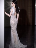 Sexy Mermaid Straps Sequin Long Evening Dress Feather Prom Dress HZ1024