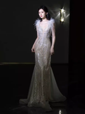 Sexy Mermaid Straps Sequin Long Evening Dress Feather Prom Dress HZ1024