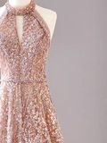Sexy A Line High Neckline Sequin Long Evening Dress Beads Prom Dress HZ1024