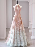 Sexy A Line High Neckline Sequin Long Evening Dress Beads Prom Dress HZ1024