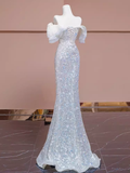Modest Mermaid Off The Shoulder Sequin Long Evening Dress Beads Prom Dress HZ1024