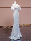 Modest Mermaid Off The Shoulder Sequin Long Evening Dress Beads Prom Dress HZ1024