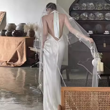 Vintage Mermaid Halter Backless White Satin Wedding Dresses HZ1024