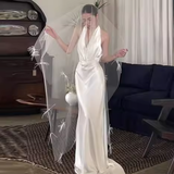 Vintage Mermaid Halter Backless White Satin Wedding Dresses HZ1024