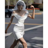 Vintage High Low Off The Shoulder Straps White Satin Wedding Dresses HZ1024