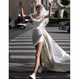 Vintage High Low Off The Shoulder Straps White Satin Wedding Dresses HZ1024