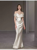Simple Mermaid Off The Shoulder White Satin Wedding Dresses HZ1024