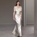 Simple Mermaid Off The Shoulder White Satin Wedding Dresses HZ1024