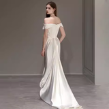 Simple Mermaid Off The Shoulder White Satin Wedding Dresses HZ1024