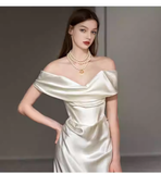 Simple Mermaid Off The Shoulder White Satin Wedding Dresses HZ1024