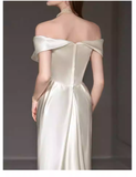 Simple Mermaid Off The Shoulder White Satin Wedding Dresses HZ1024