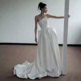 Simple A Line Strapless White Satin Wedding Dresses HZ1024