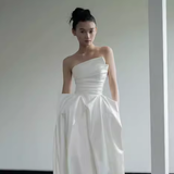 Simple A Line Strapless White Satin Wedding Dresses HZ1024