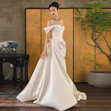 Simple A Line Off The Shoulder Satin Wedding Dresses HZ1024