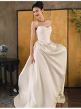 Simple A Line Off The Shoulder Satin Wedding Dresses HZ1024