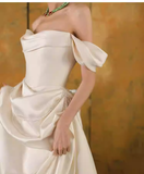 Simple A Line Off The Shoulder Satin Wedding Dresses HZ1024