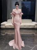 Modest Mermaid Straps Pink Satin Long Prom Dresses HZ1024
