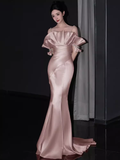 Modest Mermaid Straps Pink Satin Long Prom Dresses HZ1024