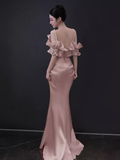 Modest Mermaid Straps Pink Satin Long Prom Dresses HZ1024