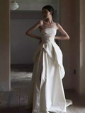 Simple A Line Strapless White Slit Satin Wedding Dresses HZ1024