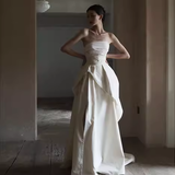 Simple A Line Strapless White Slit Satin Wedding Dresses HZ1024