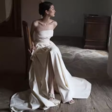 Simple A Line Strapless White Slit Satin Wedding Dresses HZ1024