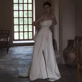 Simple A Line Strapless White Slit Satin Wedding Dresses HZ1024