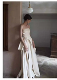 Simple A Line Strapless White Slit Satin Wedding Dresses HZ1024