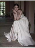Simple A Line Strapless White Slit Satin Wedding Dresses HZ1024