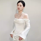 Simple Mermaid Off The Shoulder Long Sleeves White Satin Wedding Dresses HZ1024