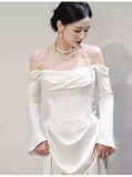 Simple Mermaid Off The Shoulder Long Sleeves White Satin Wedding Dresses HZ1024