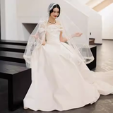Simple Ball Gown Off The Shoulder Short Sleeves White Satin Wedding Dresses HZ1024