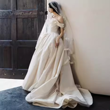 Simple Ball Gown Off The Shoulder Short Sleeves White Satin Wedding Dresses HZ1024