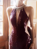 Sexy Mermaid High Neckline Sequin Burgundy Long Prom Dress HZ1024