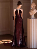Sexy Mermaid High Neckline Sequin Burgundy Long Prom Dress HZ1024