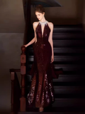 Sexy Mermaid High Neckline Sequin Burgundy Long Prom Dress HZ1024