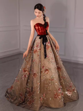 Fairytale Ball Gown Strapless Burgundy Sequin Long Evening Dress Prom Dress HZ1024