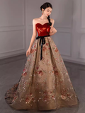 Fairytale Ball Gown Strapless Burgundy Sequin Long Evening Dress Prom Dress HZ1024