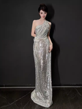 Sexy Mermaid One Shoulder Silver Sequin Long Prom Dress HZ1024
