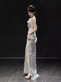 Sexy Mermaid One Shoulder Silver Sequin Long Prom Dress HZ1024