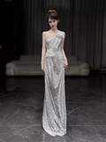 Sexy Mermaid One Shoulder Silver Sequin Long Prom Dress HZ1024
