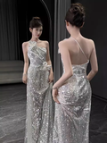 Sexy Mermaid One Shoulder Silver Sequin Long Prom Dress HZ1024