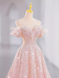 Fairytale A line Off The Shoulder Pink Sequin Long Evening Dress Prom Dress HZ1024