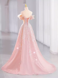 Fairytale A line Off The Shoulder Pink Sequin Long Evening Dress Prom Dress HZ1024