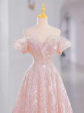 Fairytale A line Off The Shoulder Pink Sequin Long Evening Dress Prom Dress HZ1024