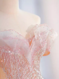 Fairytale A line Off The Shoulder Pink Sequin Long Evening Dress Prom Dress HZ1024