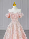 Fairytale A line Off The Shoulder Pink Sequin Beads Long Evening Dress Prom Dresses HZ1024