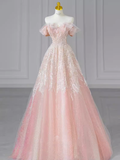 Fairytale A line Off The Shoulder Pink Sequin Beads Long Evening Dress Prom Dresses HZ1024