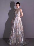 Fairytale A line High Neckline Sequin Beads Long Evening Dress Prom Dresses HZ1024